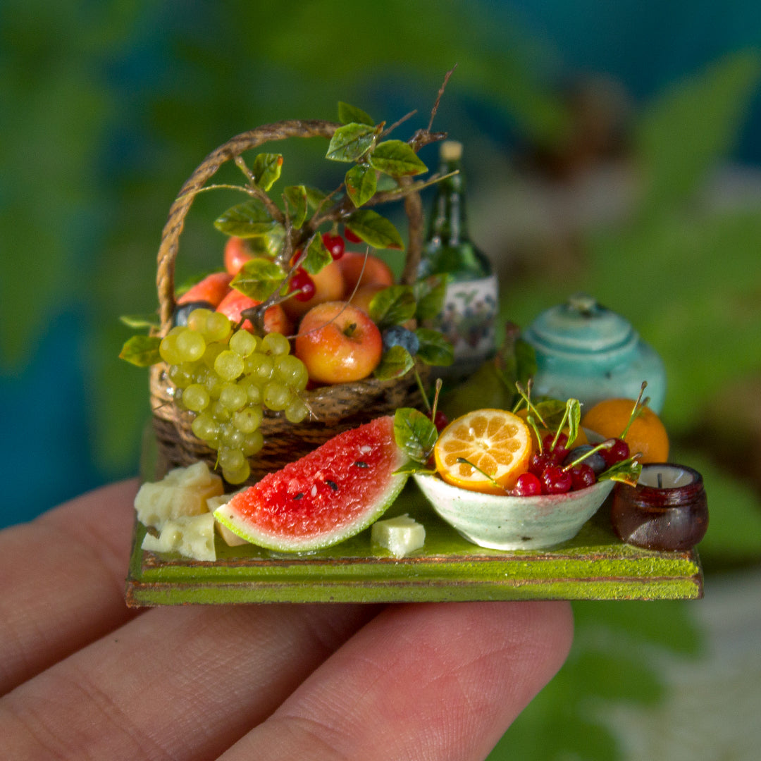 Miniature fruit and cheese still life for dollhouse in 1:12 scale 2