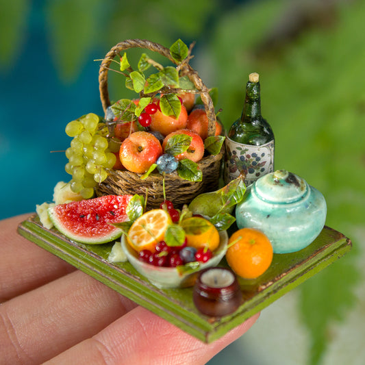 Miniature fruit and cheese still life for dollhouse in 1:12 scale 2