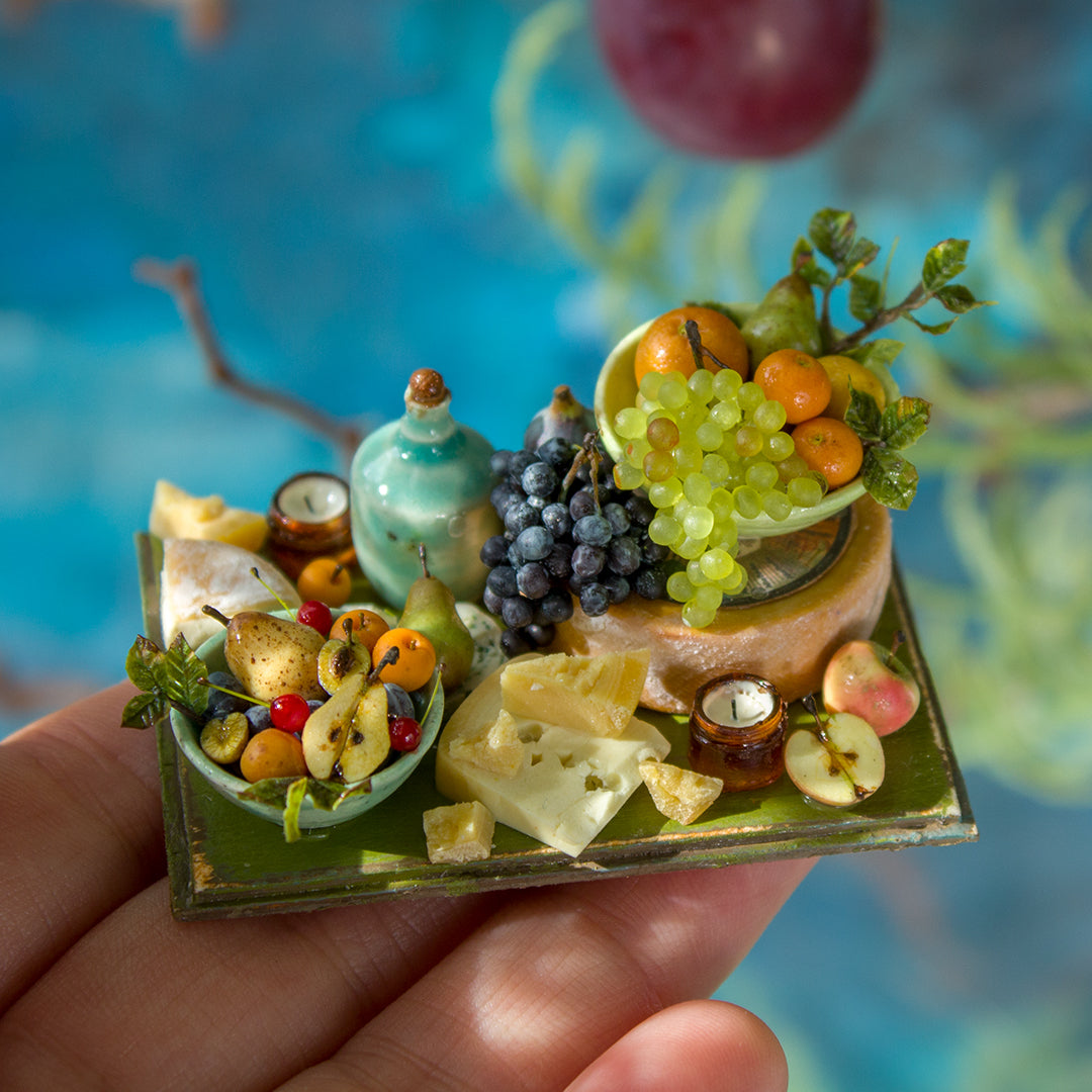 Miniature set with cheese and fruits for dollhouse in 1:12 scale 1 - Rina Vellichor