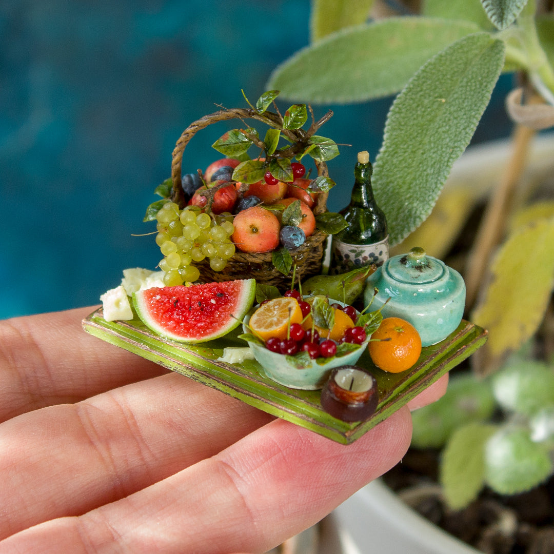 Miniature fruit and cheese still life for dollhouse in 1:12 scale 1