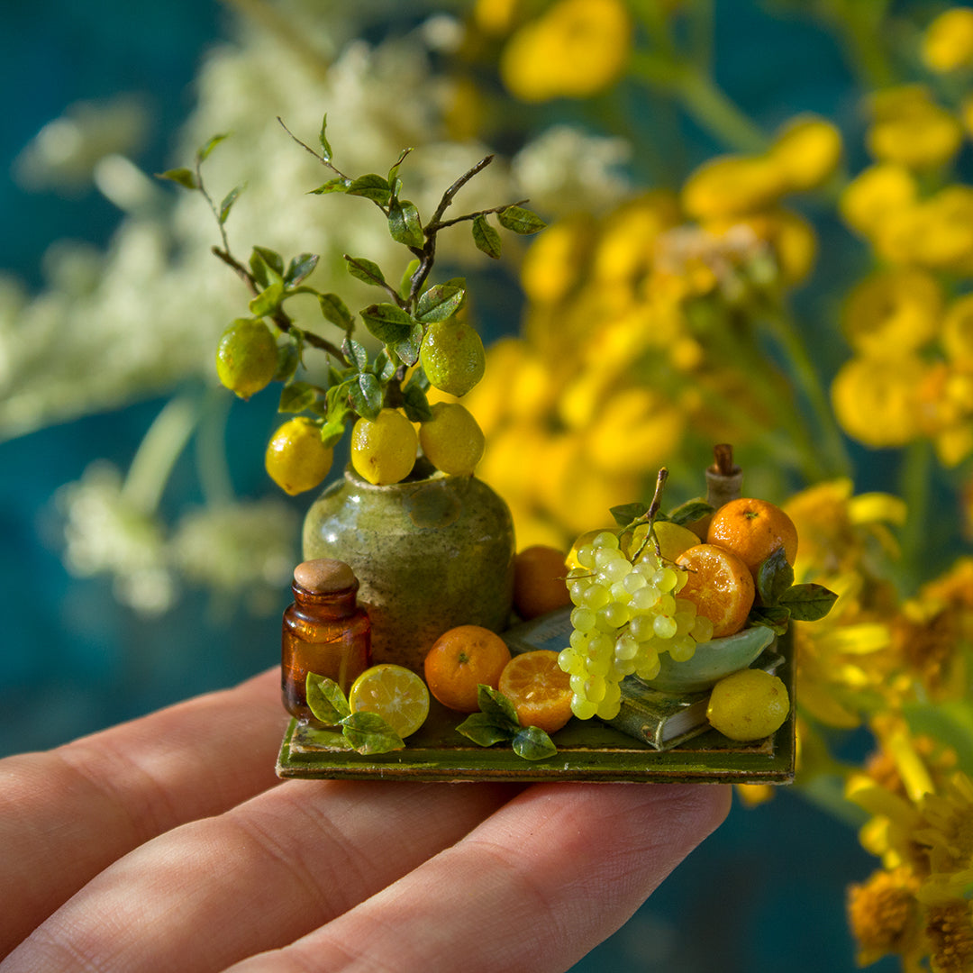 Miniature lemon and grape still life for dollhouse in 1:12 scale