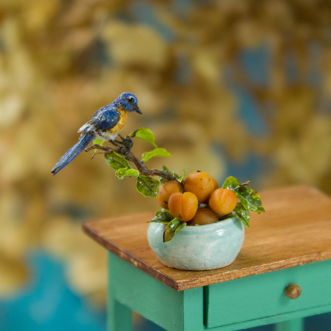 Miniature bluebird on a vase with apricots for a dollhouse, scale 1:12. - Rina Vellichor
