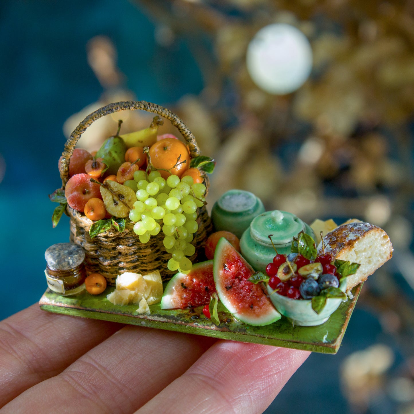 Miniature set with cheese and fruits for dollhouse in 1:12 scale - Rina Vellichor