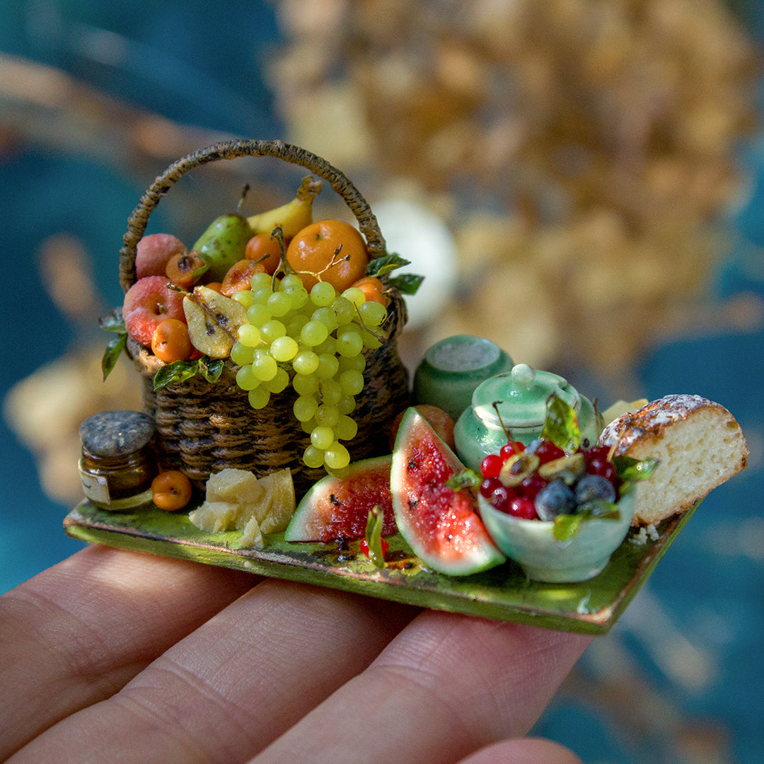 Miniature set with cheese and fruits for dollhouse in 1:12 scale - Rina Vellichor