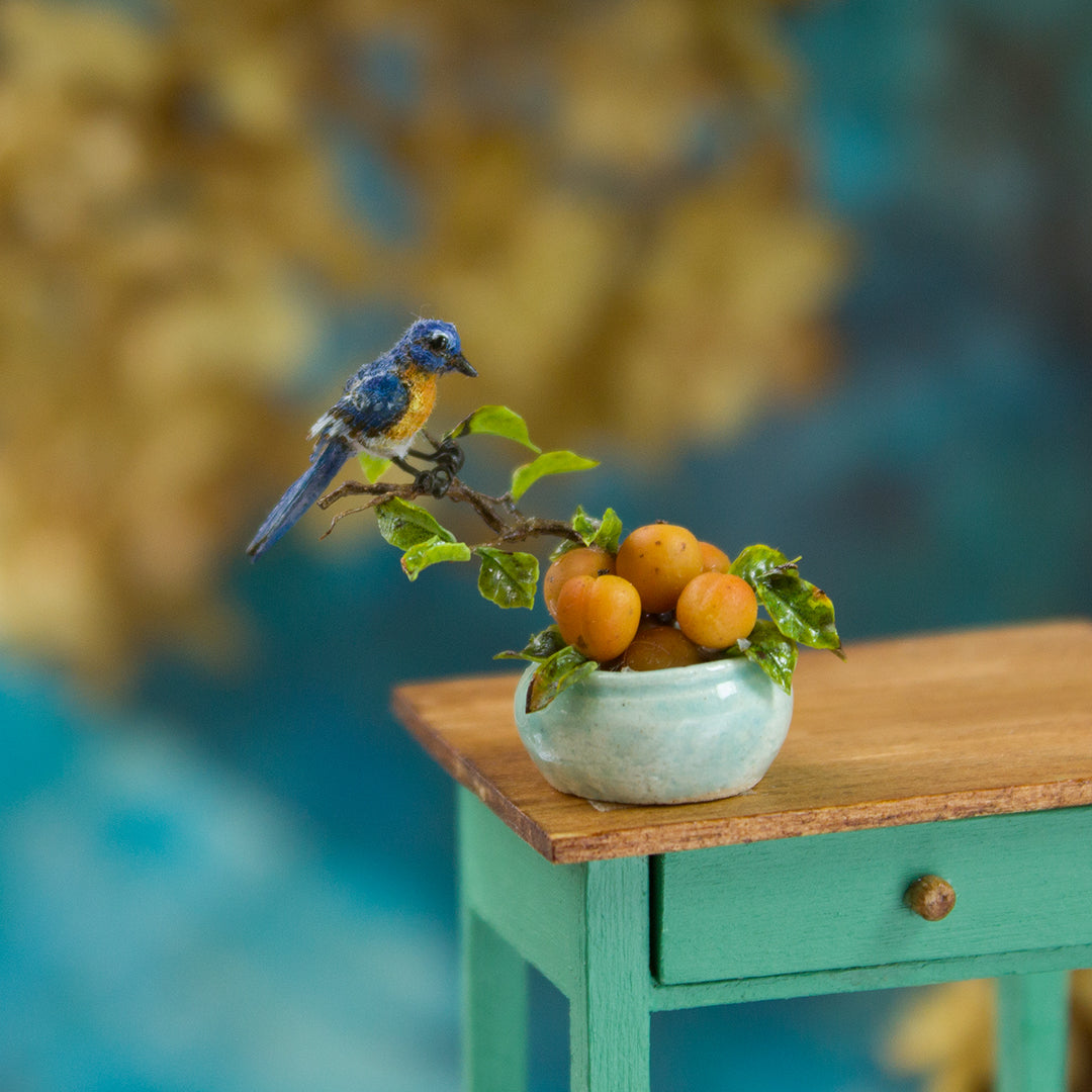 Miniature bluebird on a vase with apricots for a dollhouse, scale 1:12. - Rina Vellichor