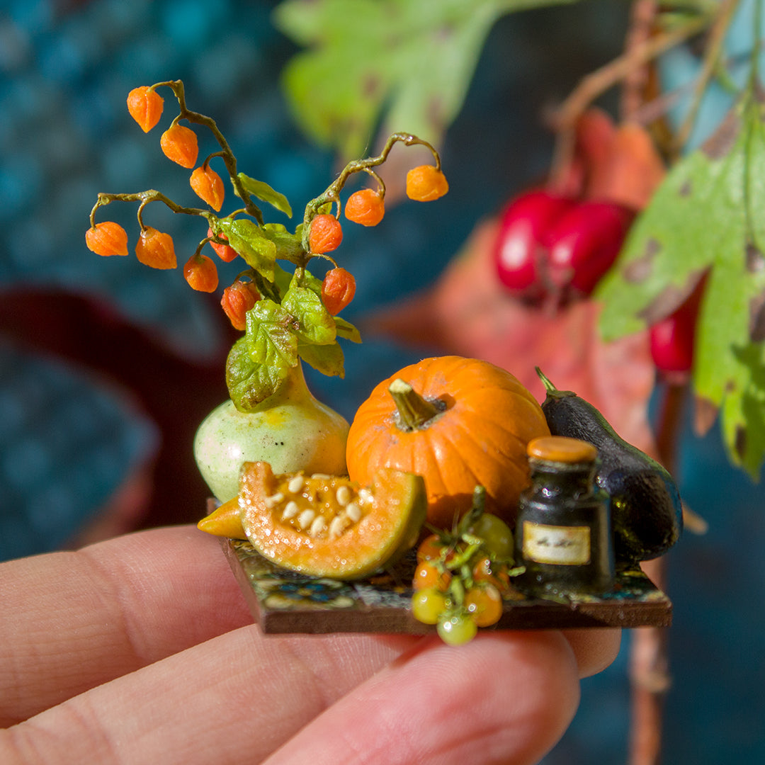 Miniature autumn harvest still life for dollhouse in 1:12 scale 6