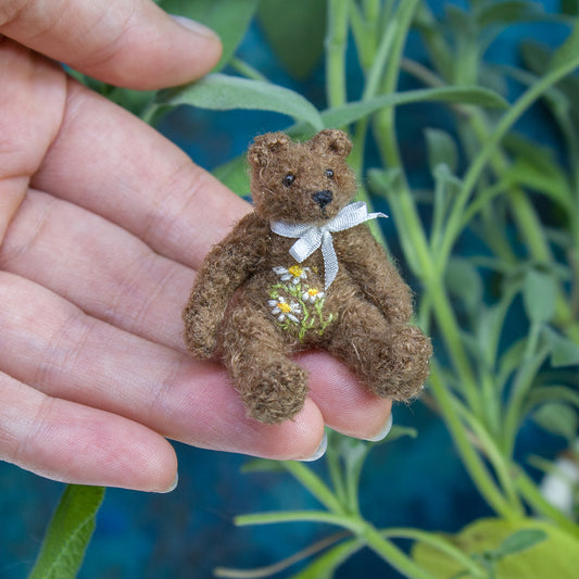 Miniature teddy bear with floral embroidery for dollhouse in 1:12 scale