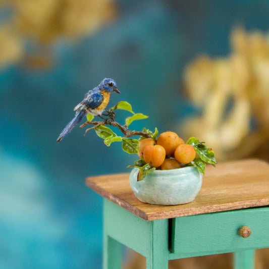 Miniature bluebird on a vase with apricots for a dollhouse, scale 1:12. - Rina Vellichor