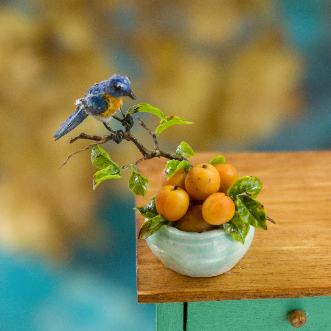 Miniature bluebird on a vase with apricots for a dollhouse, scale 1:12. - Rina Vellichor