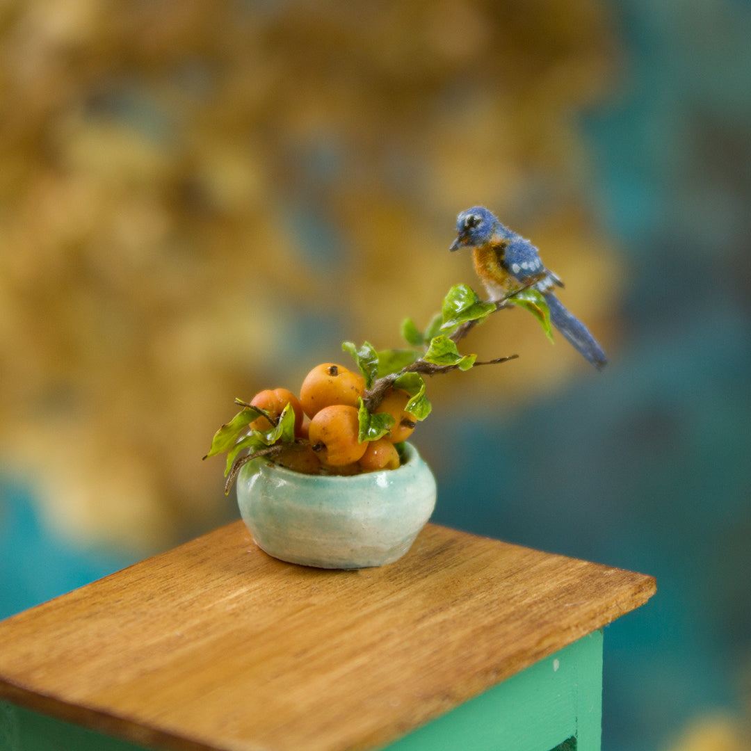Miniature bluebird on a vase with apricots for a dollhouse, scale 1:12. - Rina Vellichor