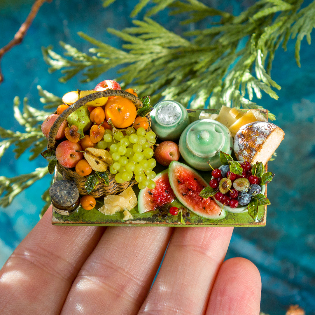 Miniature set with cheese and fruits for dollhouse in 1:12 scale - Rina Vellichor