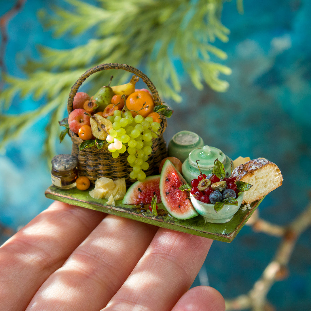 Miniature set with cheese and fruits for dollhouse in 1:12 scale - Rina Vellichor