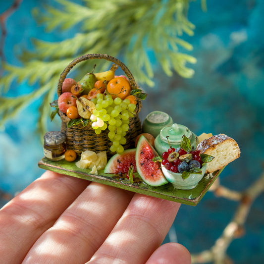 Miniature set with cheese and fruits for dollhouse in 1:12 scale - Rina Vellichor