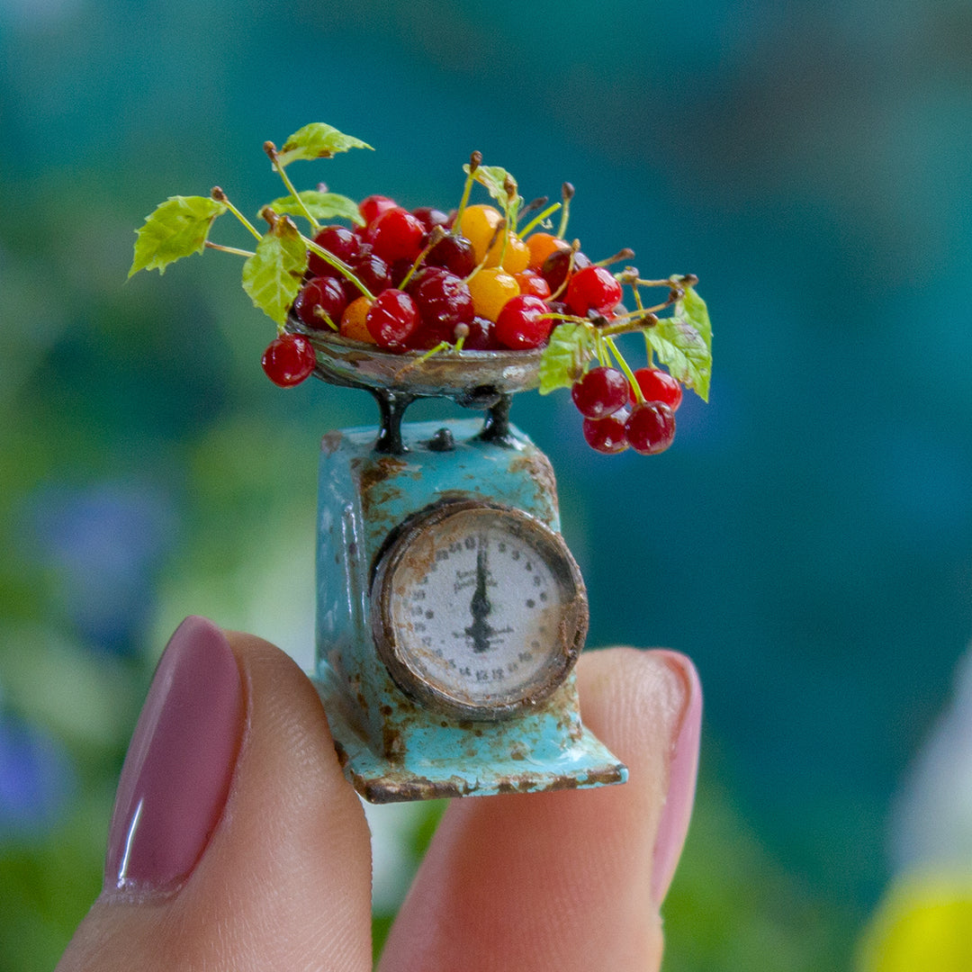 Miniature Cherry Scene with Vintage Kitchen Scale – 1:12 Scale Dollhouse Decor - Rina Vellichor