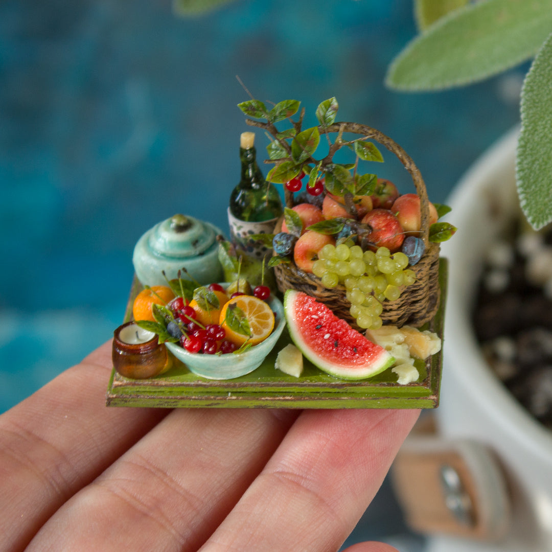 Miniature fruit and cheese still life for dollhouse in 1:12 scale 3