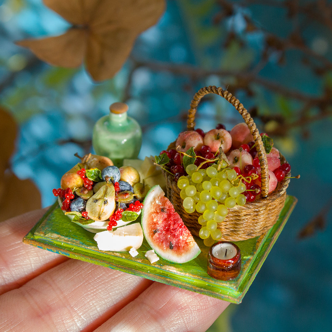 Miniature set with cheese and fruits for dollhouse in 1:12 scale 3