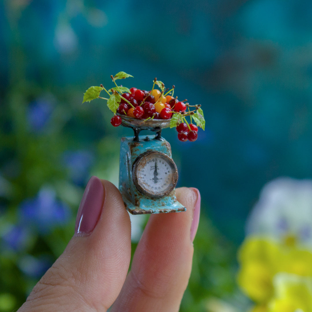Miniature Cherry Scene with Vintage Kitchen Scale – 1:12 Scale Dollhouse Decor - Rina Vellichor