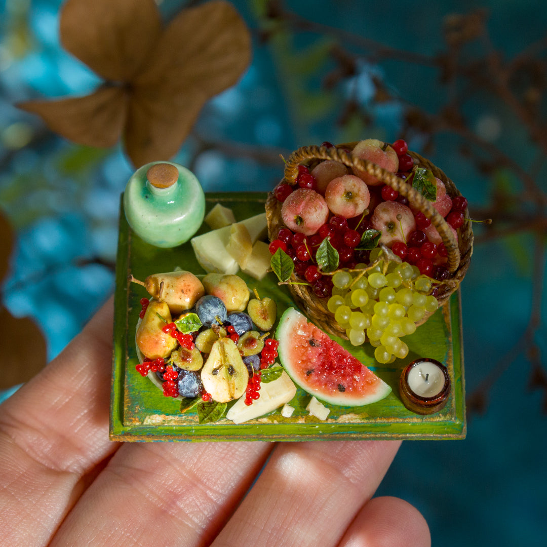 Miniature set with cheese and fruits for dollhouse in 1:12 scale 3