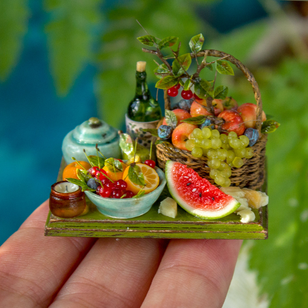 Miniature fruit and cheese still life for dollhouse in 1:12 scale 3