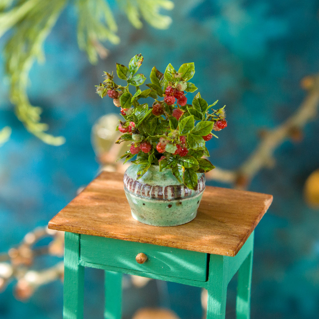 Miniature raspberry branches in ceramic vase for dollhouse in 1:12 scale - Rina Vellichor