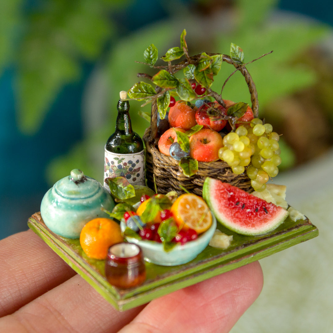 Miniature fruit and cheese still life for dollhouse in 1:12 scale 3