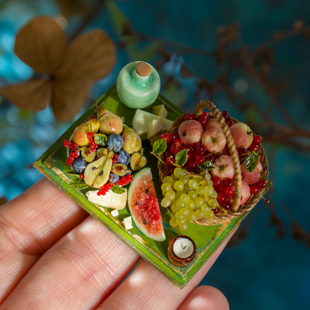Miniature set with cheese and fruits for dollhouse in 1:12 scale 3