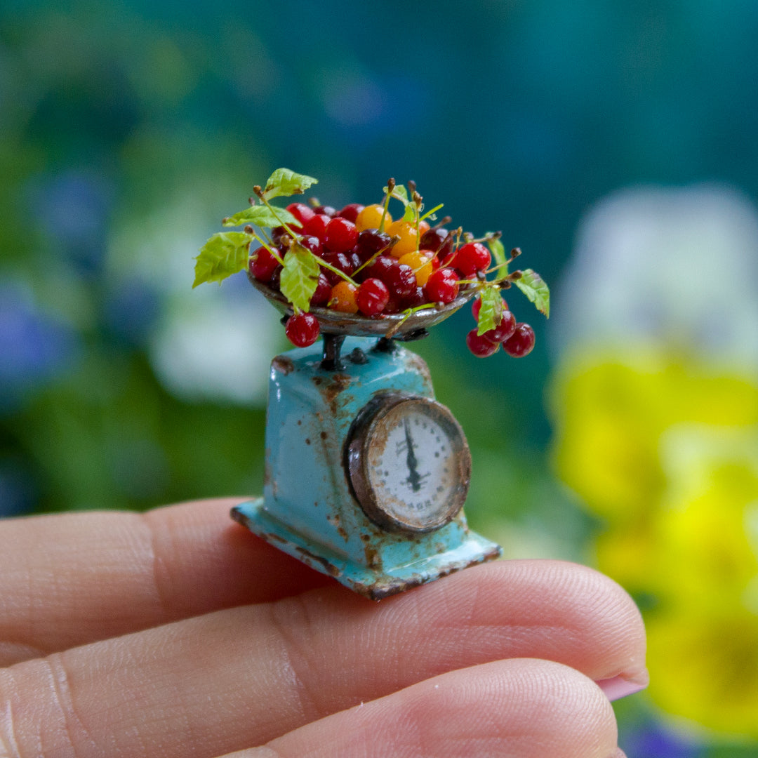 Miniature Cherry Scene with Vintage Kitchen Scale – 1:12 Scale Dollhouse Decor - Rina Vellichor