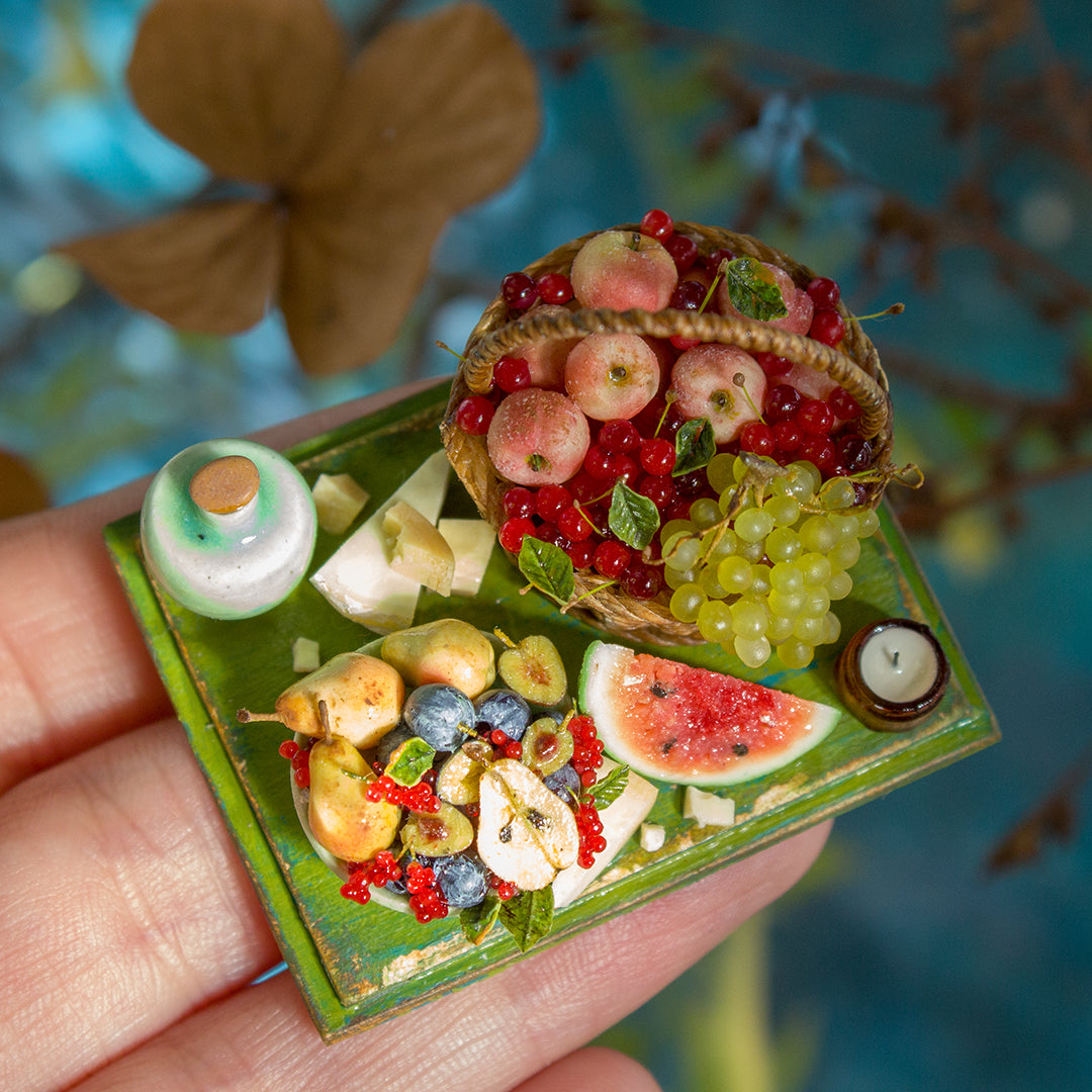 Miniature set with cheese and fruits for dollhouse in 1:12 scale 3
