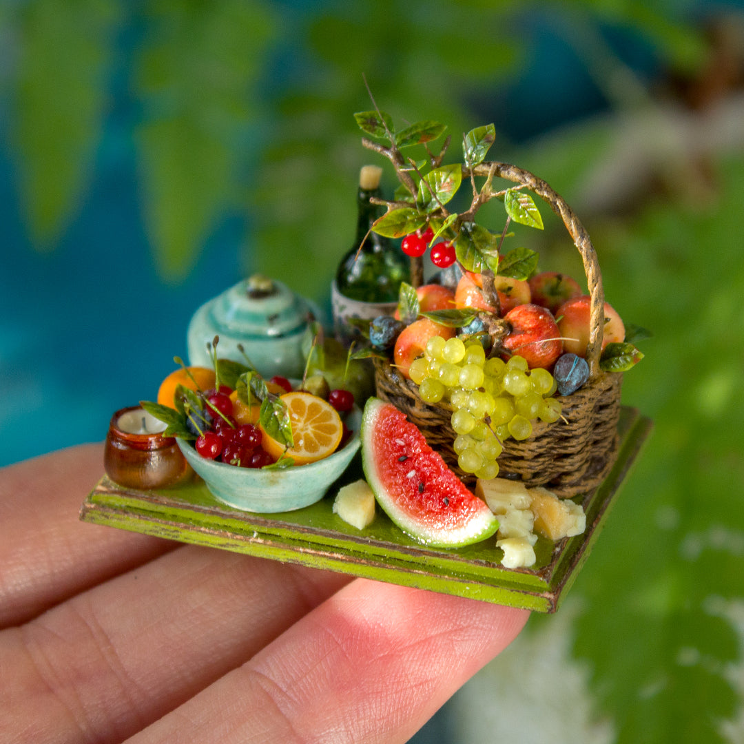 Miniature fruit and cheese still life for dollhouse in 1:12 scale 3