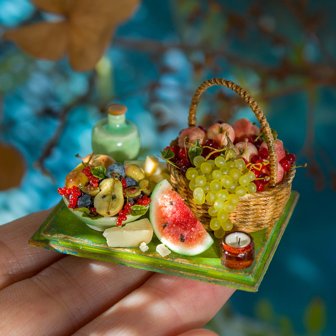Miniature set with cheese and fruits for dollhouse in 1:12 scale 3
