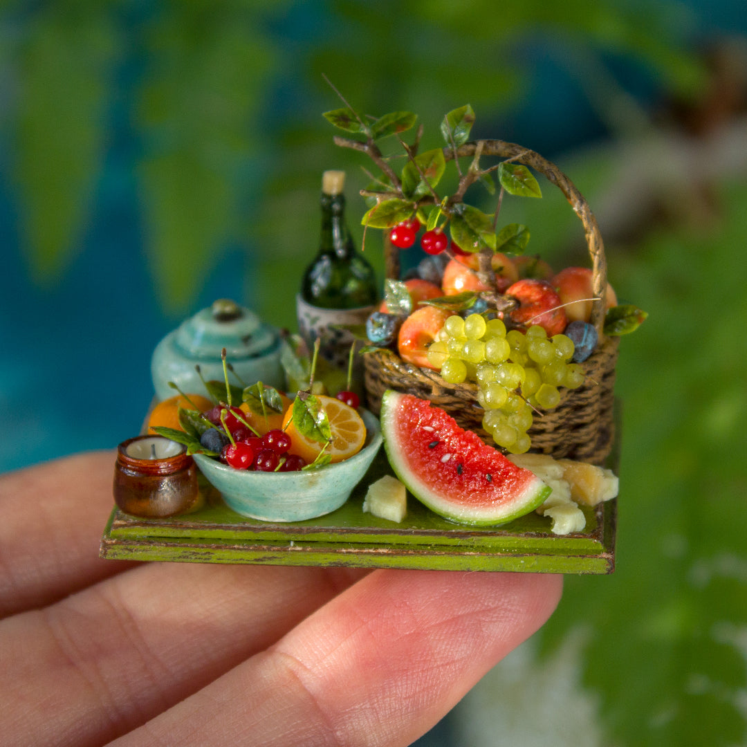 Miniature fruit and cheese still life for dollhouse in 1:12 scale 3