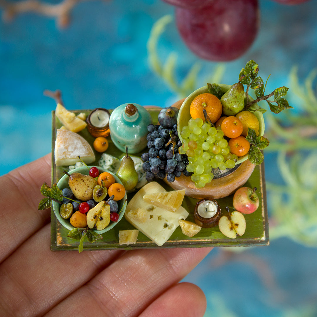 Miniature set with cheese and fruits for dollhouse in 1:12 scale 1 - Rina Vellichor
