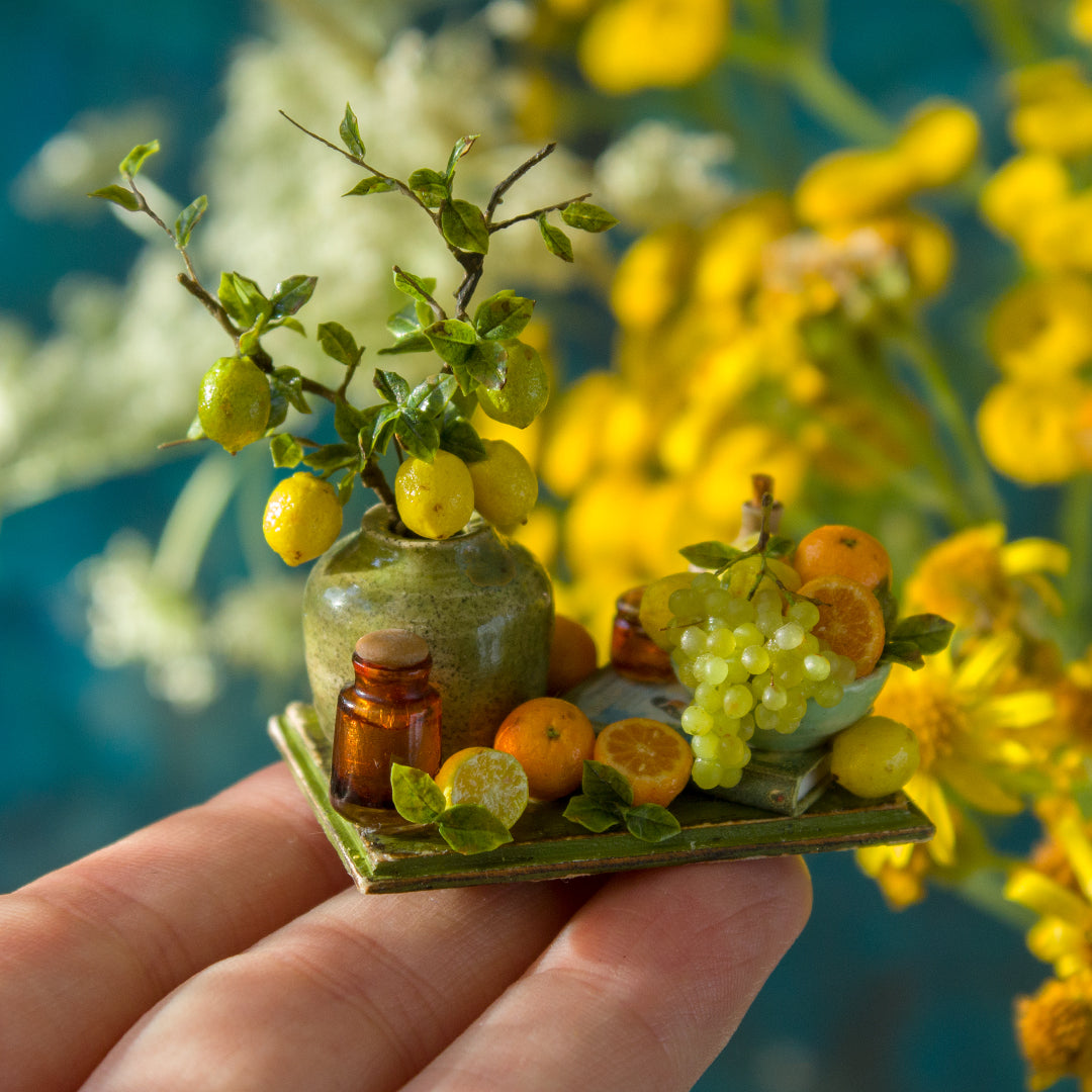 Miniature lemon and grape still life for dollhouse in 1:12 scale