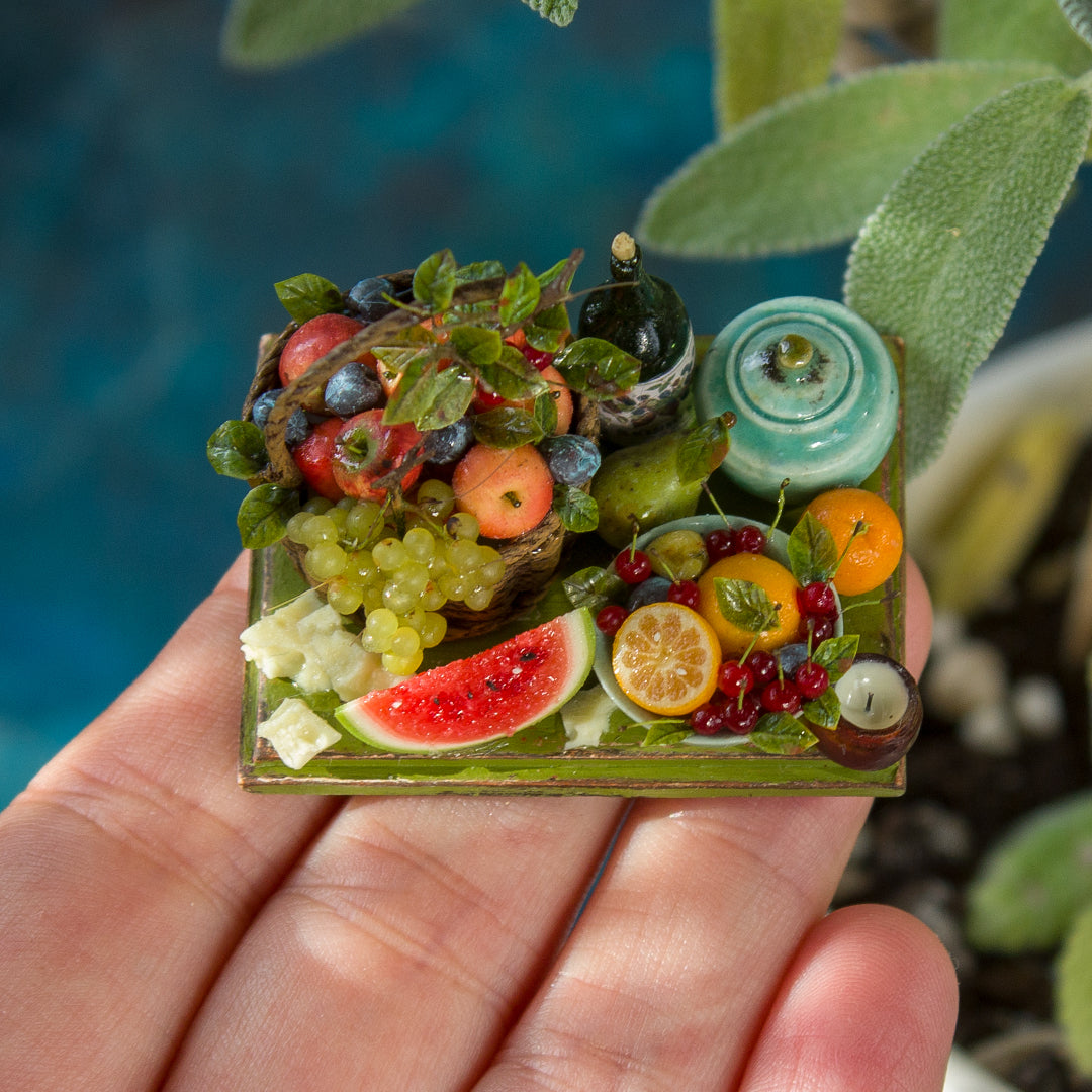 Miniature fruit and cheese still life for dollhouse in 1:12 scale 1