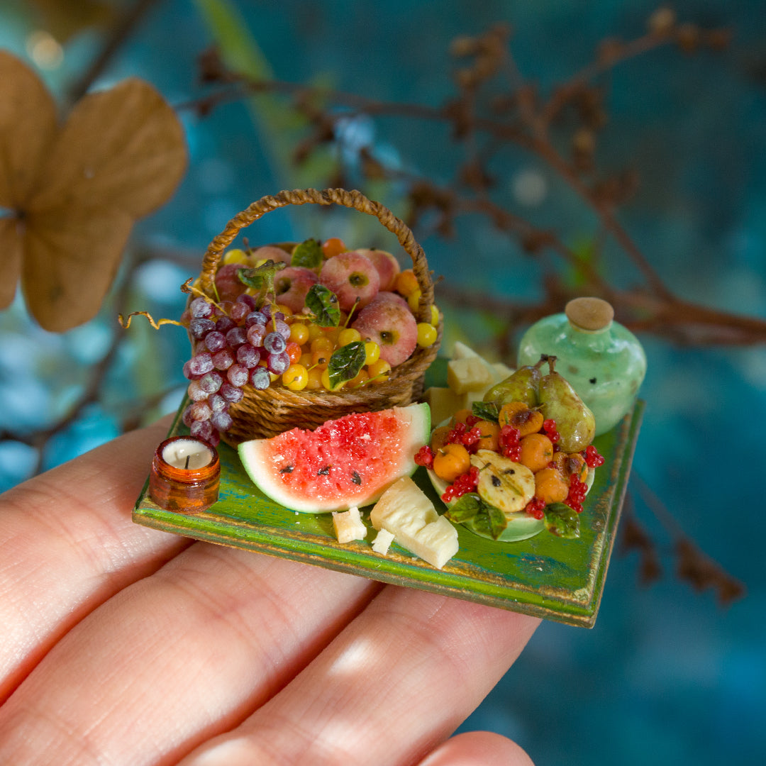 Miniature set with cheese and fruits for dollhouse in 1:12 scale 4