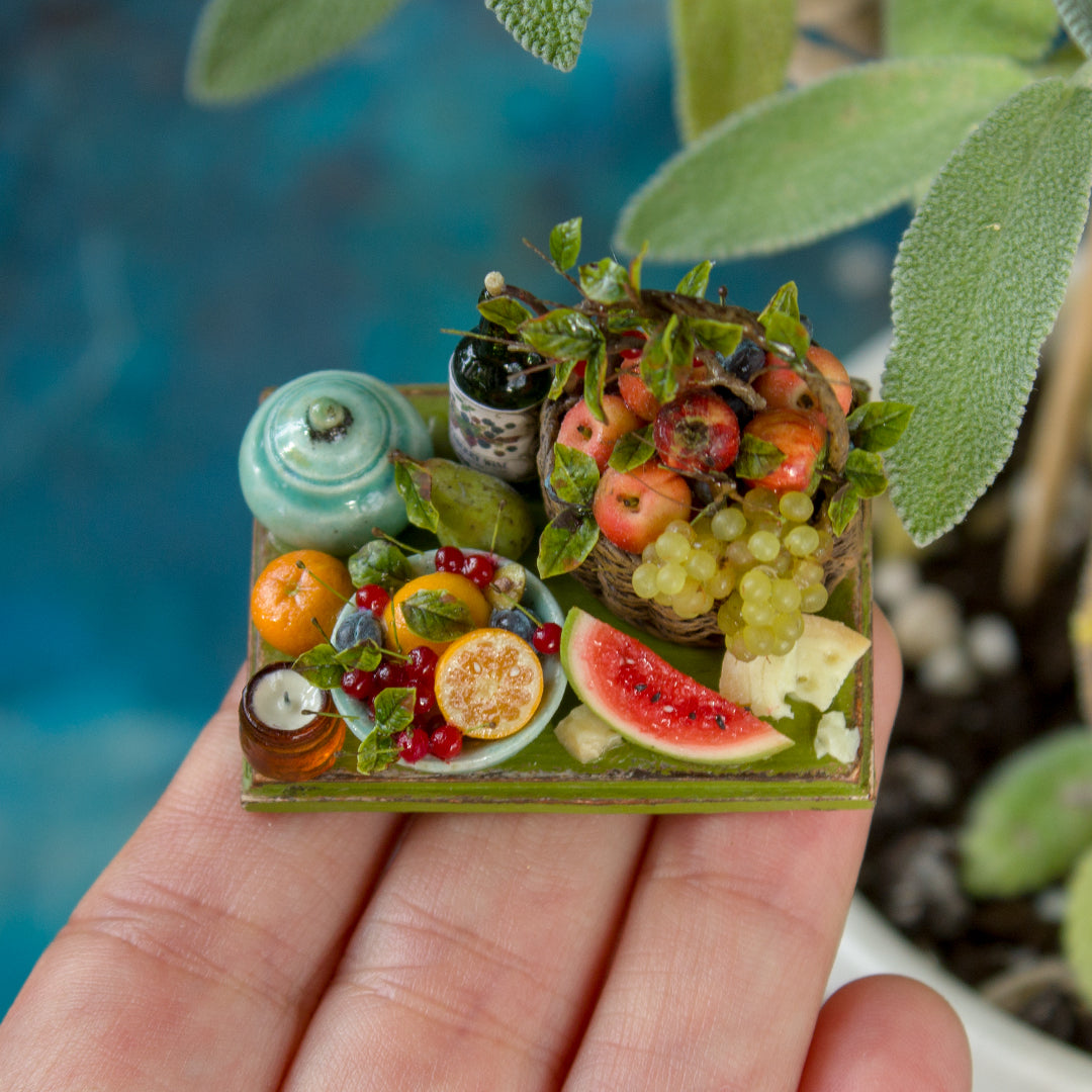 Miniature fruit and cheese still life for dollhouse in 1:12 scale 4
