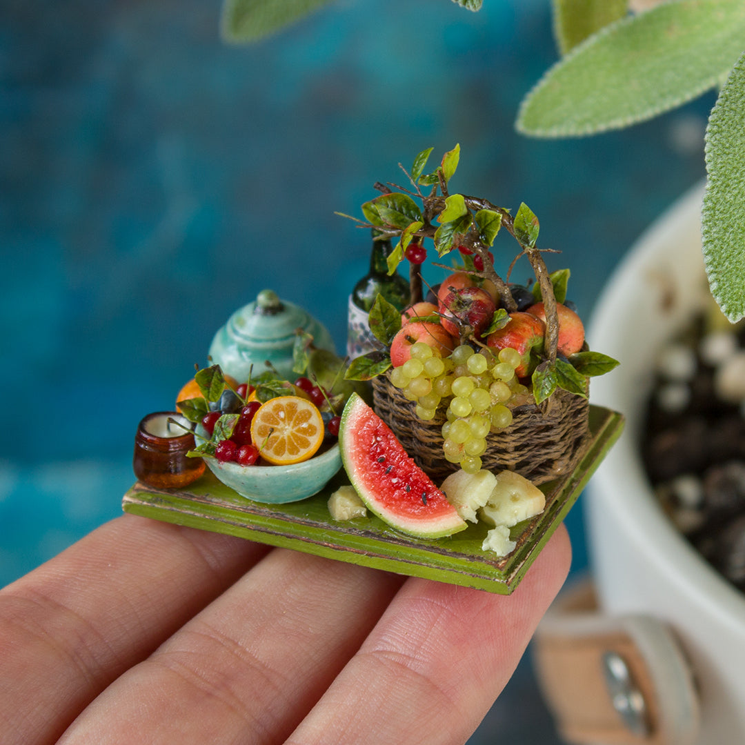 Miniature fruit and cheese still life for dollhouse in 1:12 scale 4