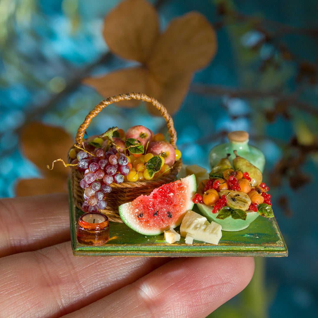 Miniature set with cheese and fruits for dollhouse in 1:12 scale 4