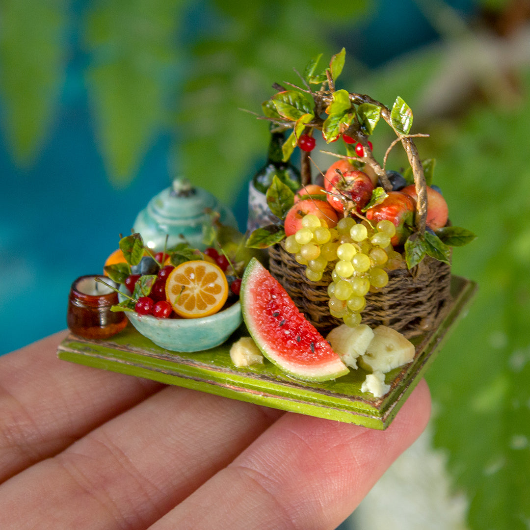Miniature fruit and cheese still life for dollhouse in 1:12 scale 4