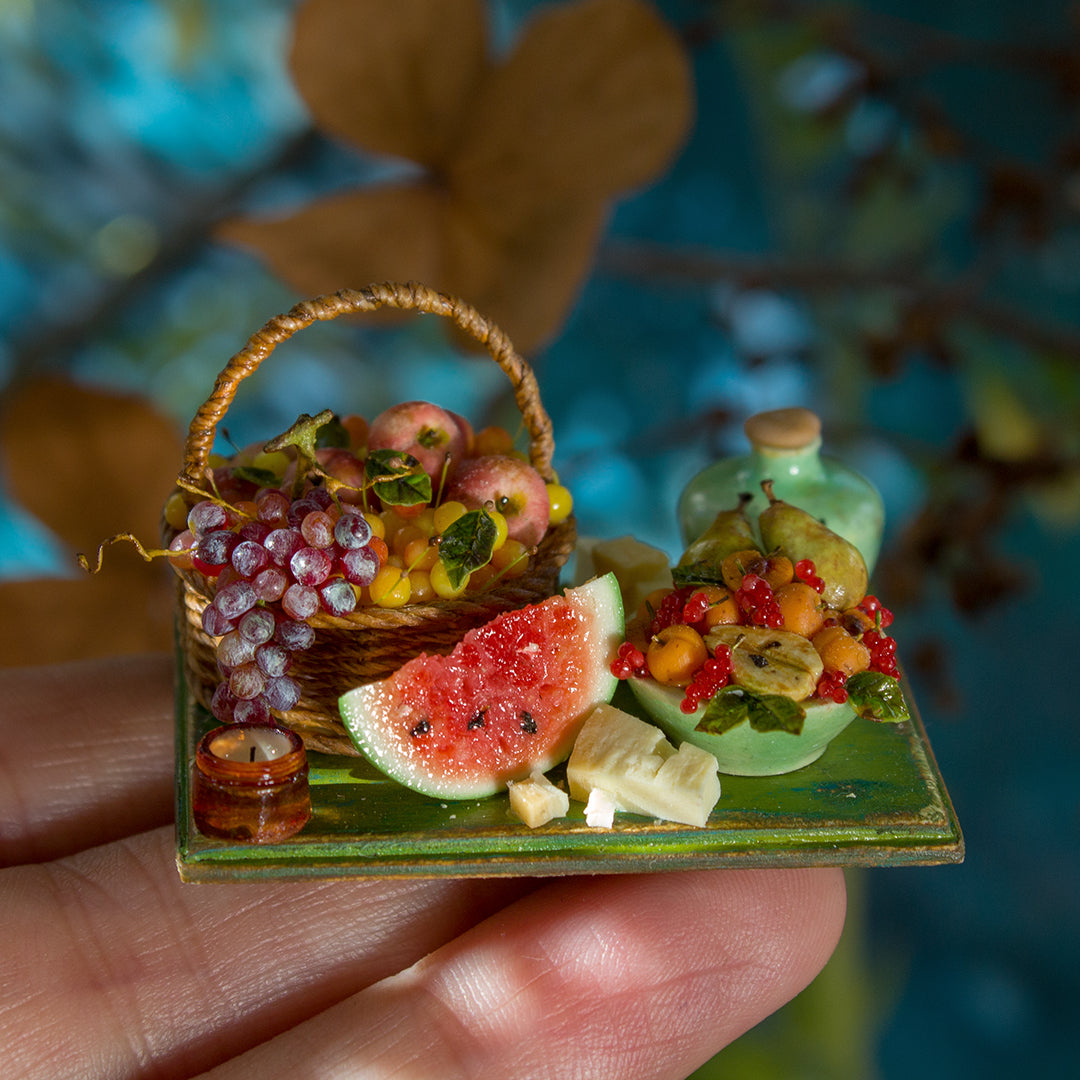 Miniature set with cheese and fruits for dollhouse in 1:12 scale 4