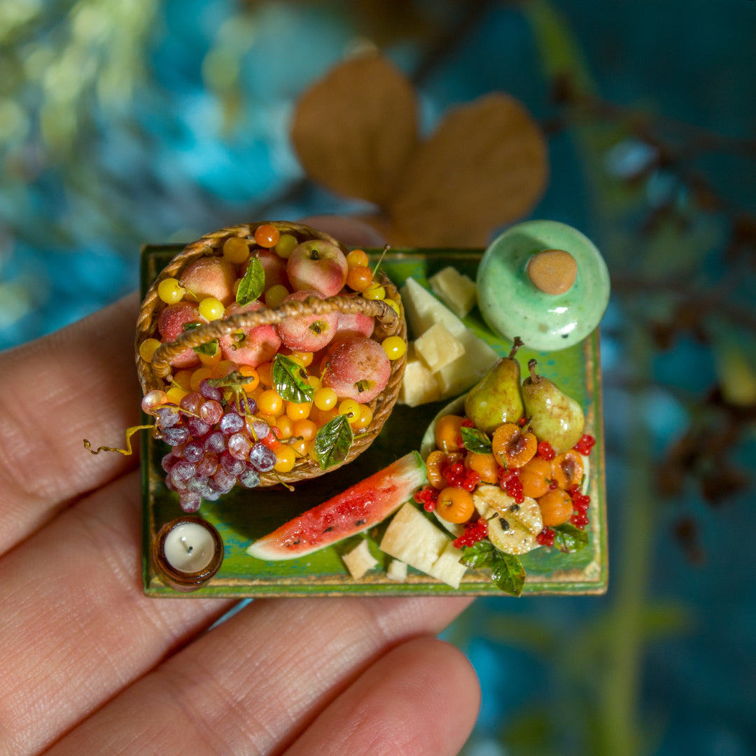 Miniature set with cheese and fruits for dollhouse in 1:12 scale 4