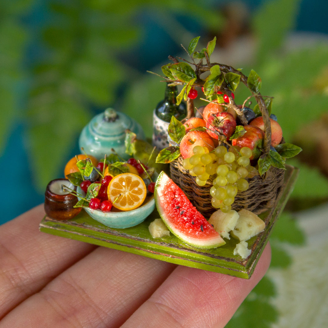 Miniature fruit and cheese still life for dollhouse in 1:12 scale 4