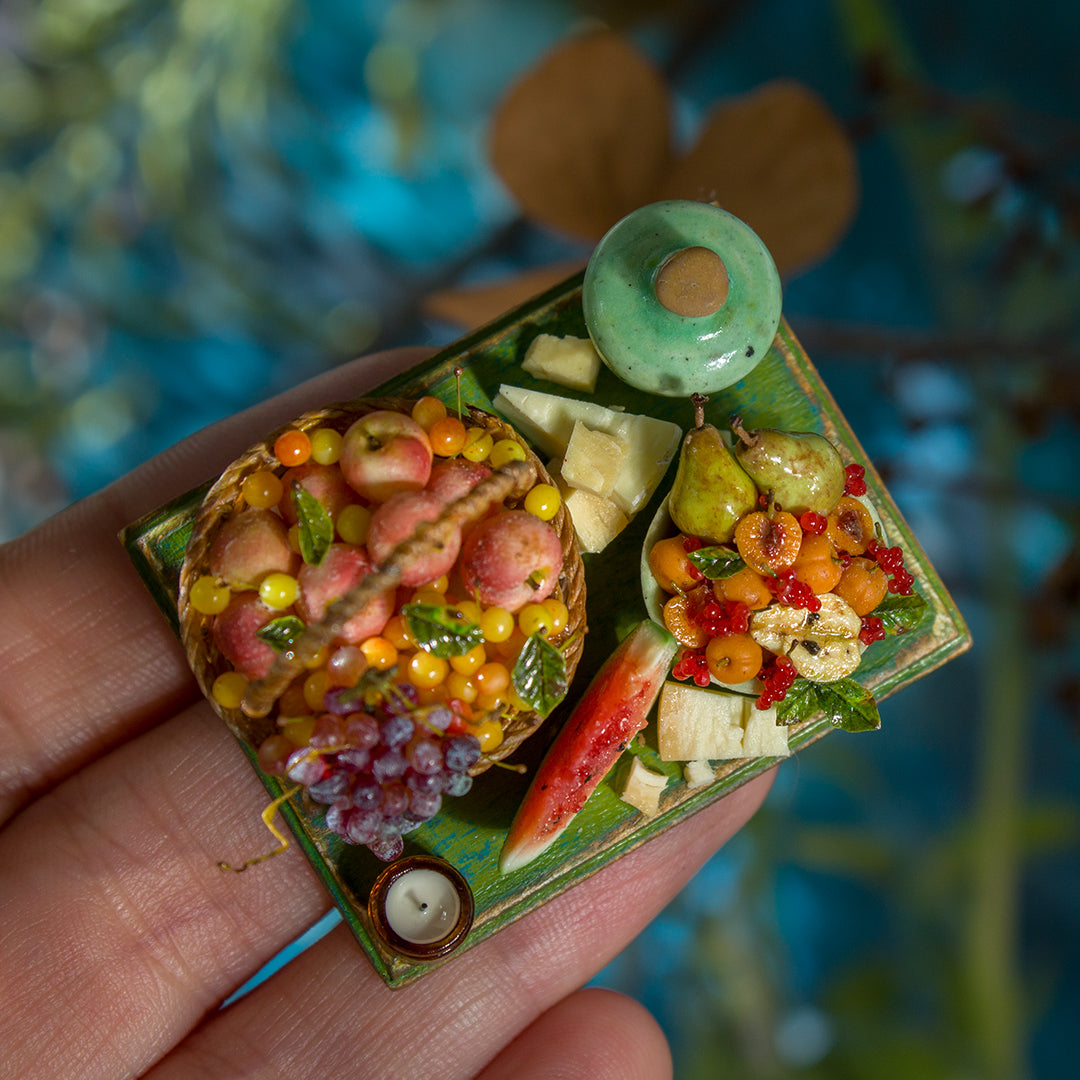 Miniature set with cheese and fruits for dollhouse in 1:12 scale 4