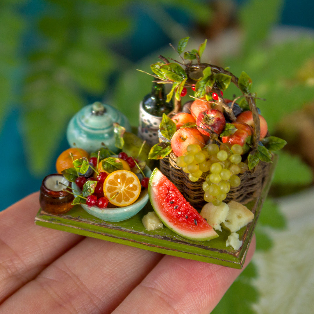 Miniature fruit and cheese still life for dollhouse in 1:12 scale 4