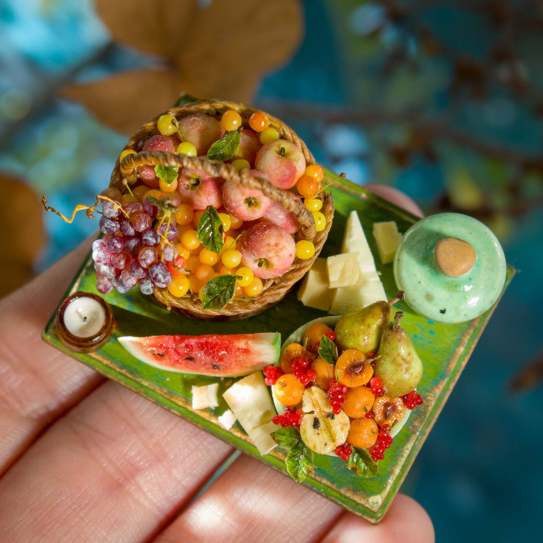 Miniature set with cheese and fruits for dollhouse in 1:12 scale 4