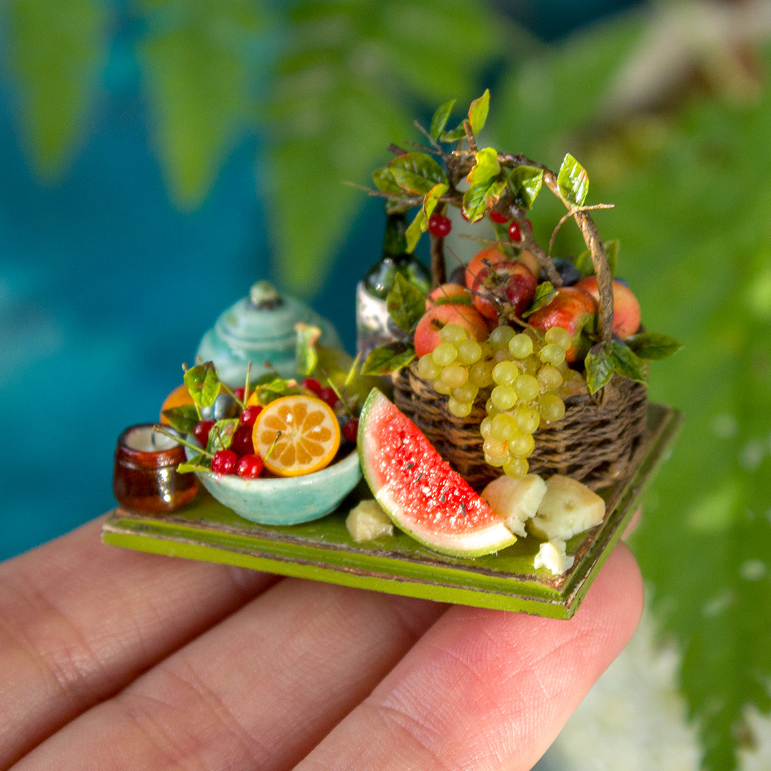 Miniature fruit and cheese still life for dollhouse in 1:12 scale 4