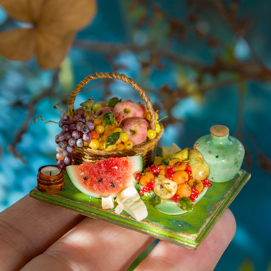 Miniature set with cheese and fruits for dollhouse in 1:12 scale 4