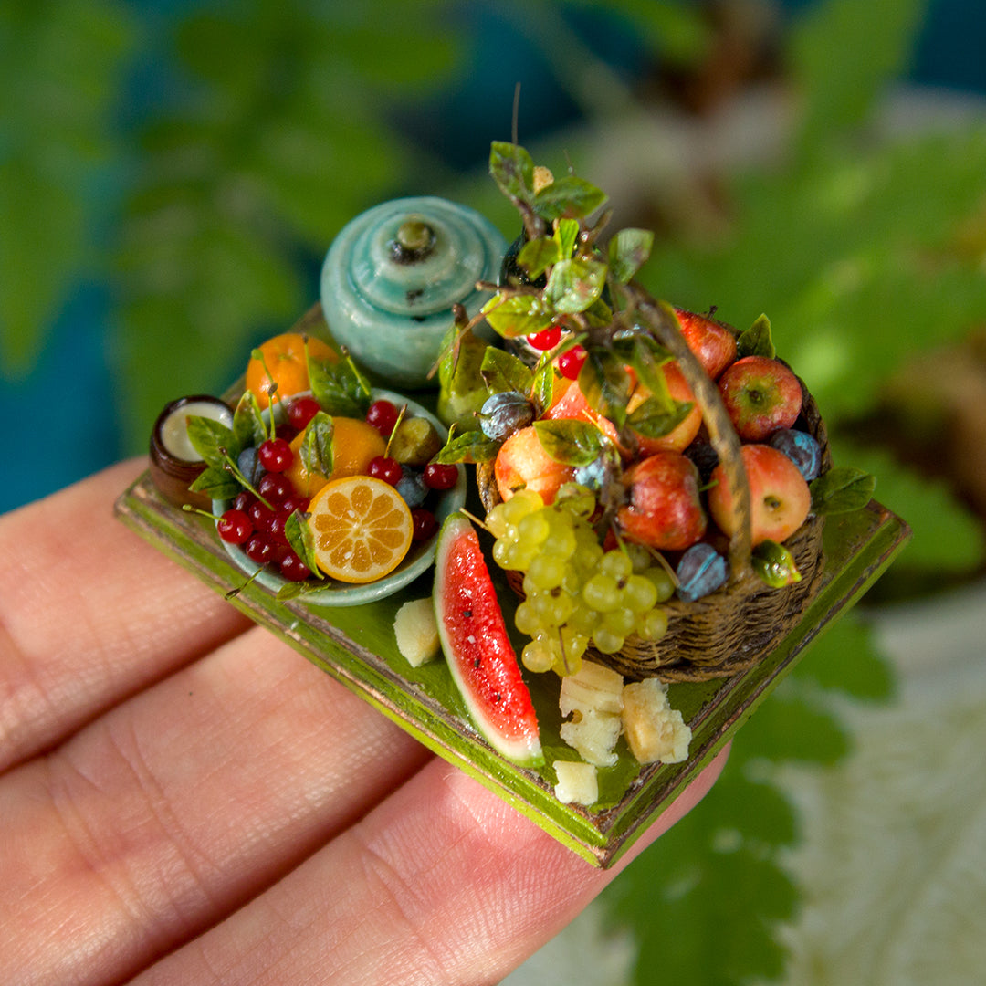 Miniature fruit and cheese still life for dollhouse in 1:12 scale 4