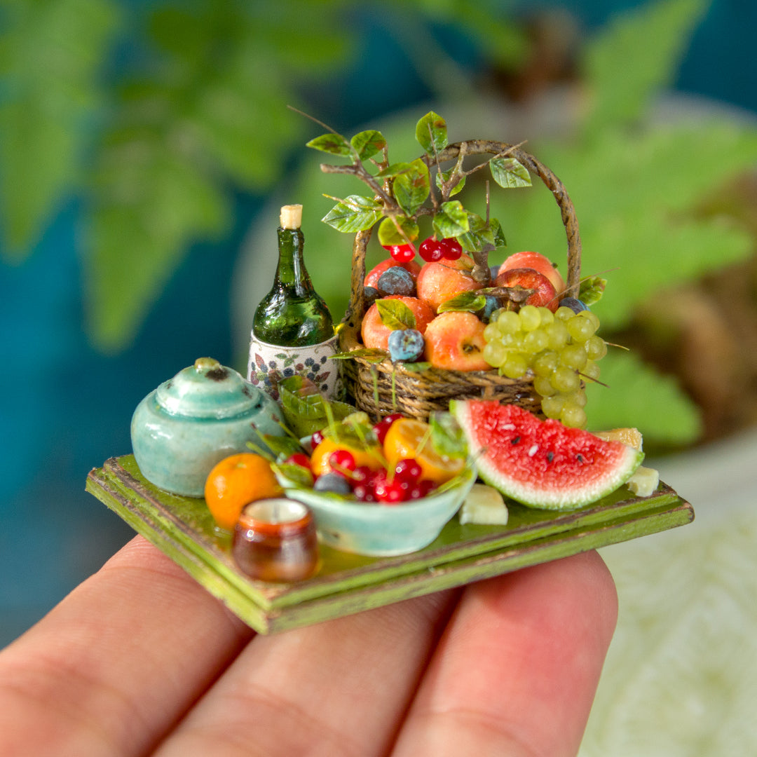 Miniature fruit and cheese still life for dollhouse in 1:12 scale 4