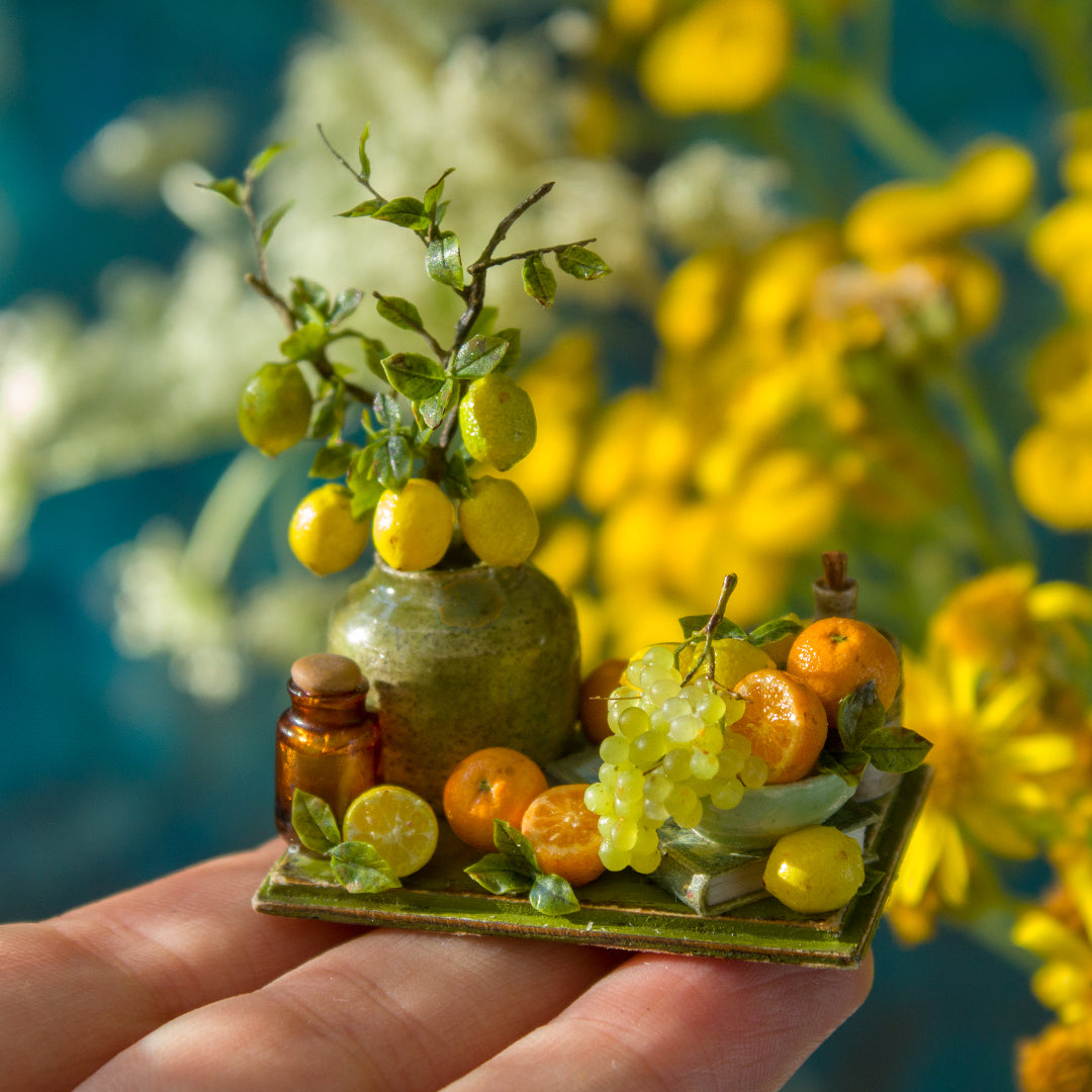 Miniature lemon and grape still life for dollhouse in 1:12 scale